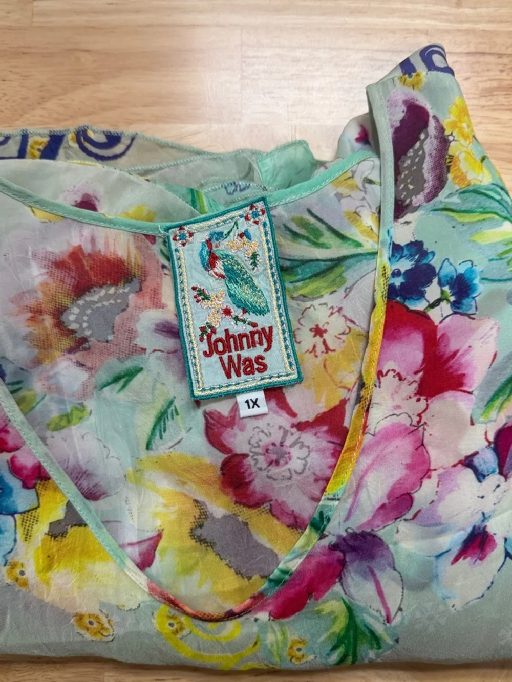 Johnny Was Floral Watercolor Sheer Top in Mint, Pink, Yellow, Blue - Picture 6 of 9